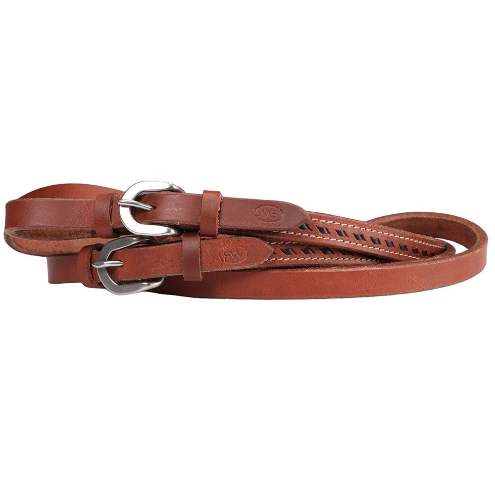 Fort Worth Buck Stitched Roper Reins. A brown leather roper rein with buckle ends and buckstitch detailing.