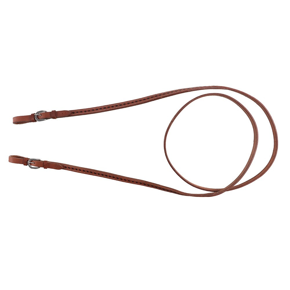 Fort Worth Buck Stitched Roper Reins. A brown leather roper rein with buckle ends and buckstitch detailing.