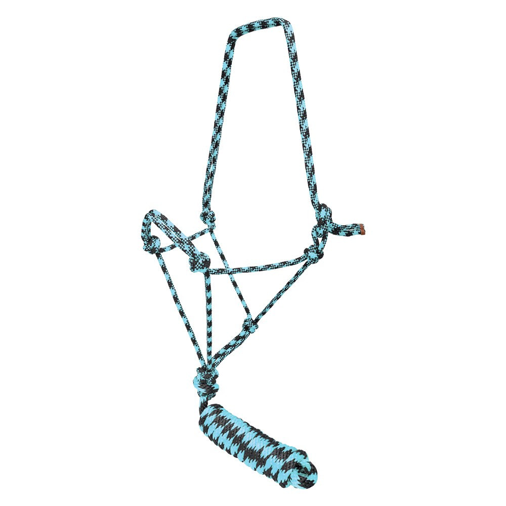 Fort Worth Rope Halter with 10' Lead. A blue and black rope halter with a matching 10-foot lead, designed for horses.