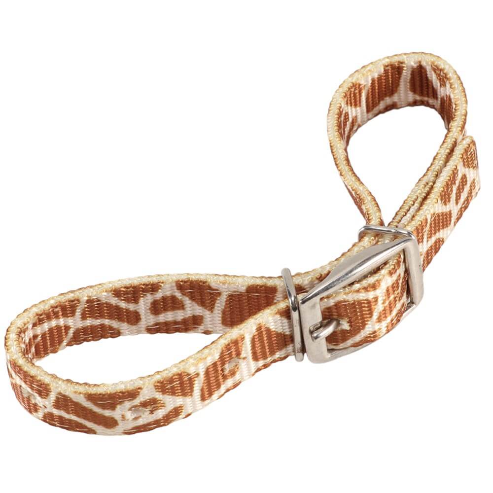 Fort Worth Printed Curb Chain Strap. A brown and beige giraffe print nylon curb chain strap with a metal buckle.