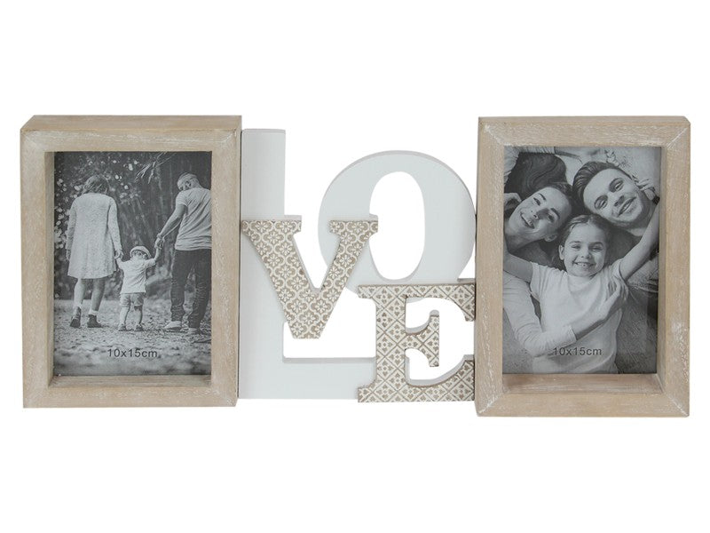 Twin Love Design Photo Frame. Decorative photo frame set with 'LOVE' letters and family photos on a white background