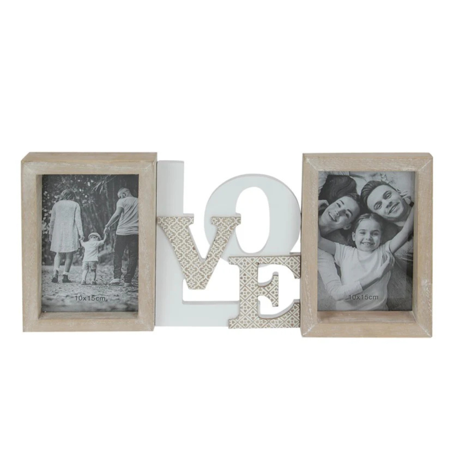 Twin Love Design Photo Frame. Two wooden picture frames with family photos and a decorative 'LOVE' letter set on a white background.