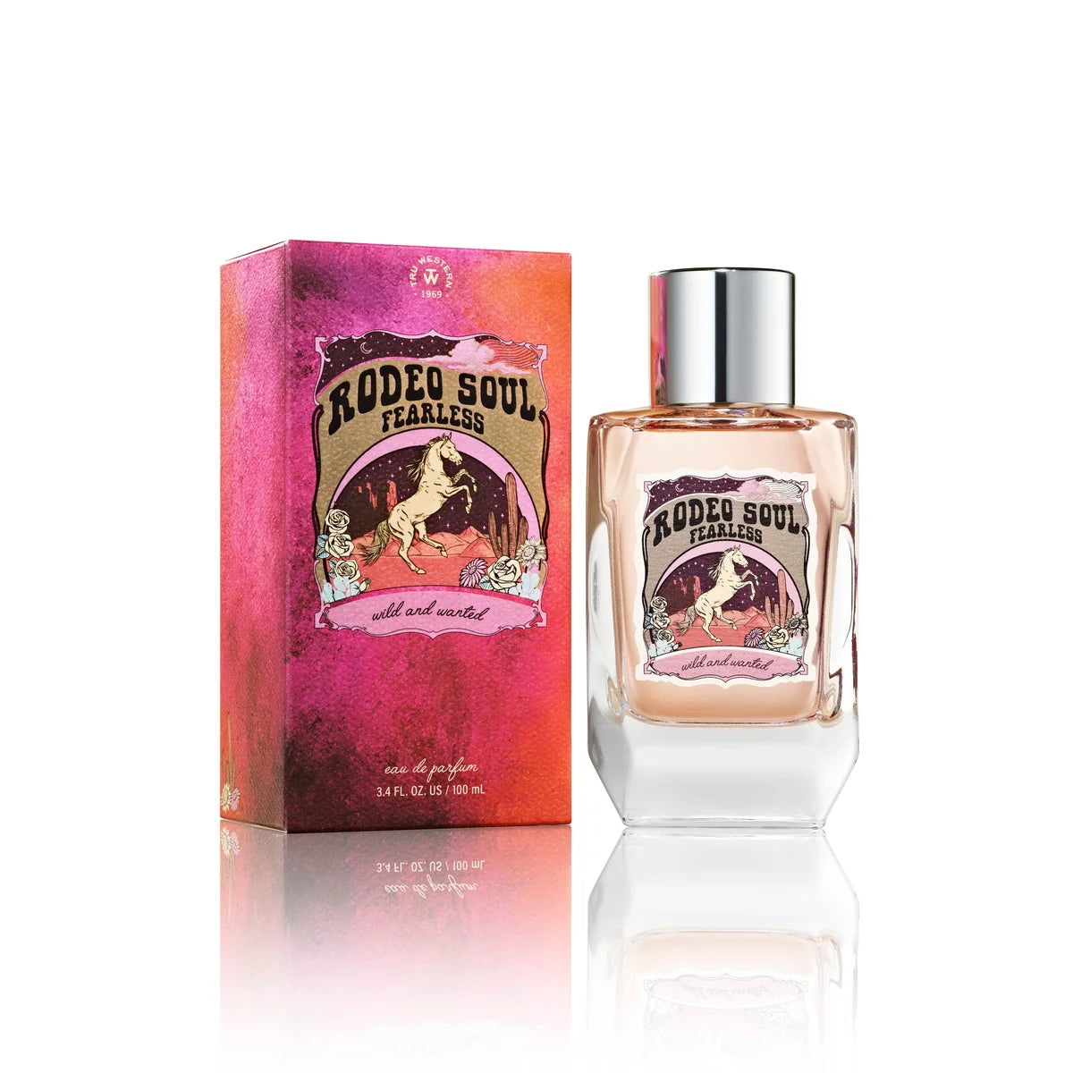 Rodeo Soul Fearless cologne bottle and matching box, featuring a pink and orange textured design with a central illustration of a cowboy riding a horse. The bottle has a clear glass body showing the light pink liquid inside and a shiny silver cap.