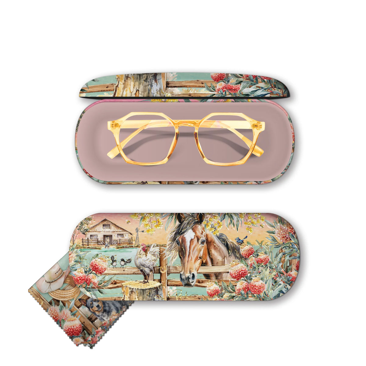 Lisa Pollock Country Dusk Glasses Case. Elegant eyeglasses with a decorative case featuring a pastoral scene.