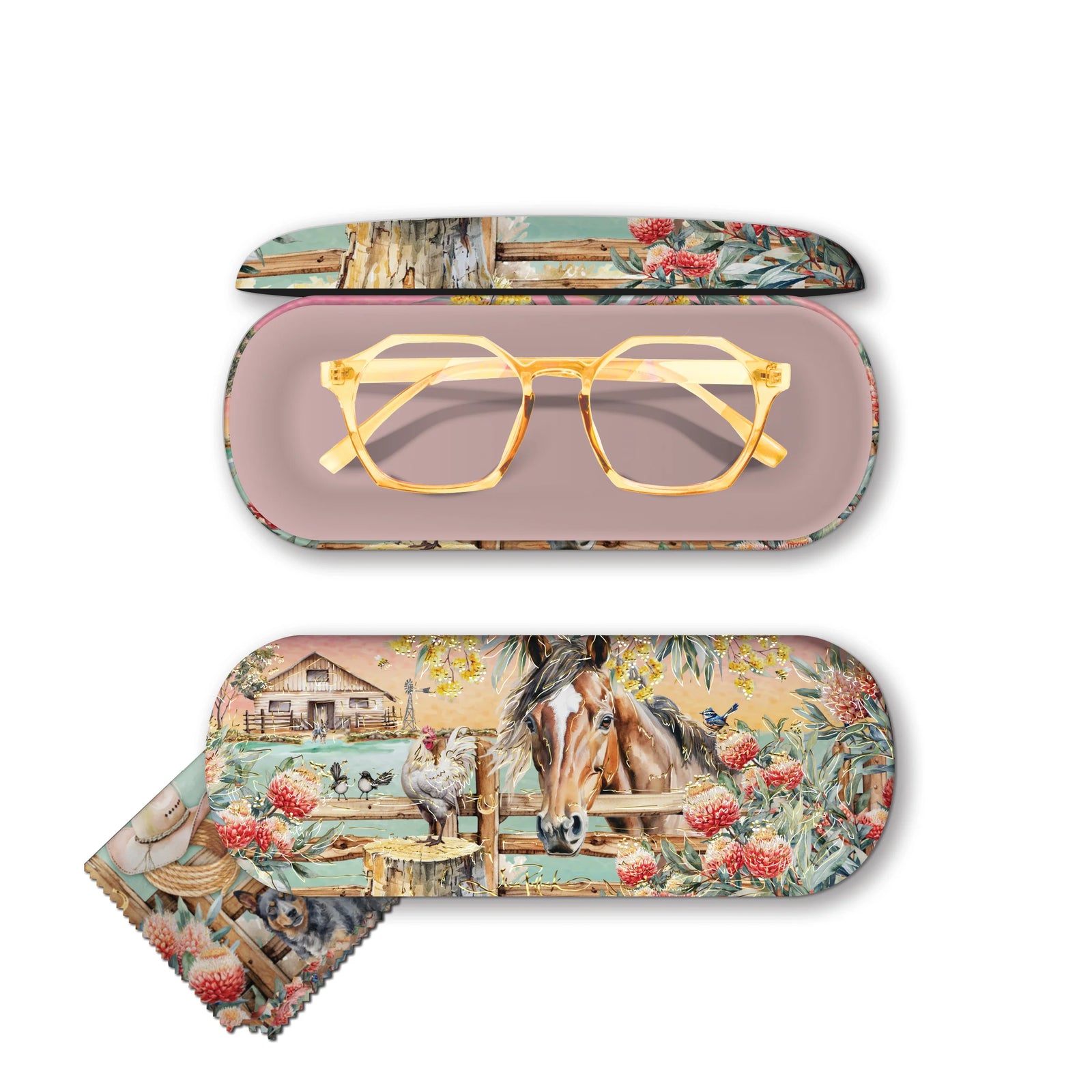 Lisa Pollock Country Dusk Glasses Case. Elegant eyeglasses with a decorative case featuring a pastoral scene.
