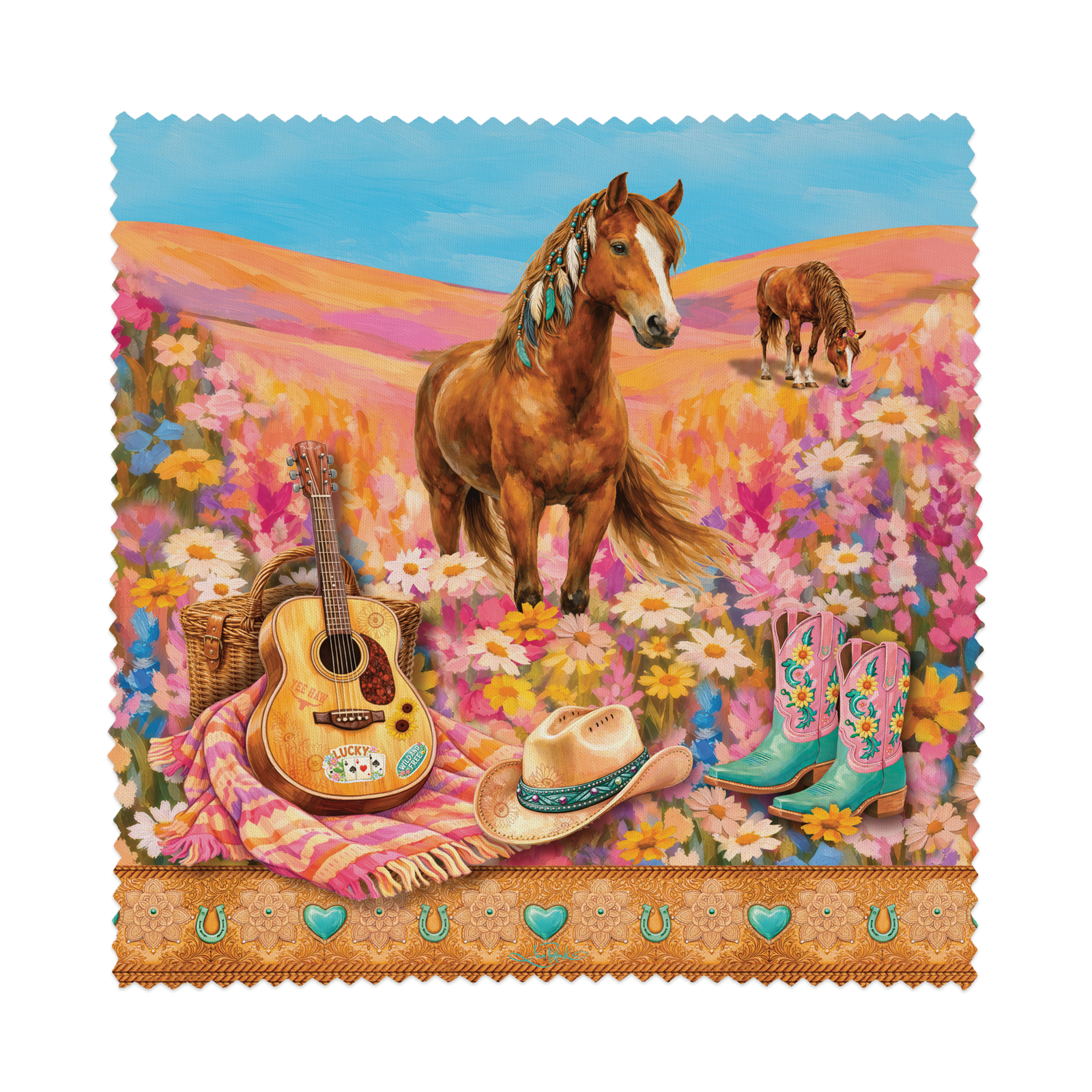 A square fabric cloth with scalloped edges featuring a colorful western-themed illustration. The print shows a brown horse in a field of pink and white flowers, with an acoustic guitar, a cowboy hat, pink cowboy boots, and a blanket in the foreground.