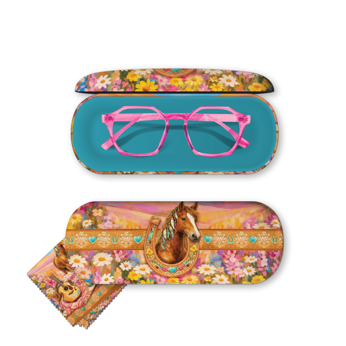 A pair of pink eyeglasses displayed with matching decorative cases on a white background. The cases feature a colorful floral and western-themed print with a horse portrait and turquoise center panels.