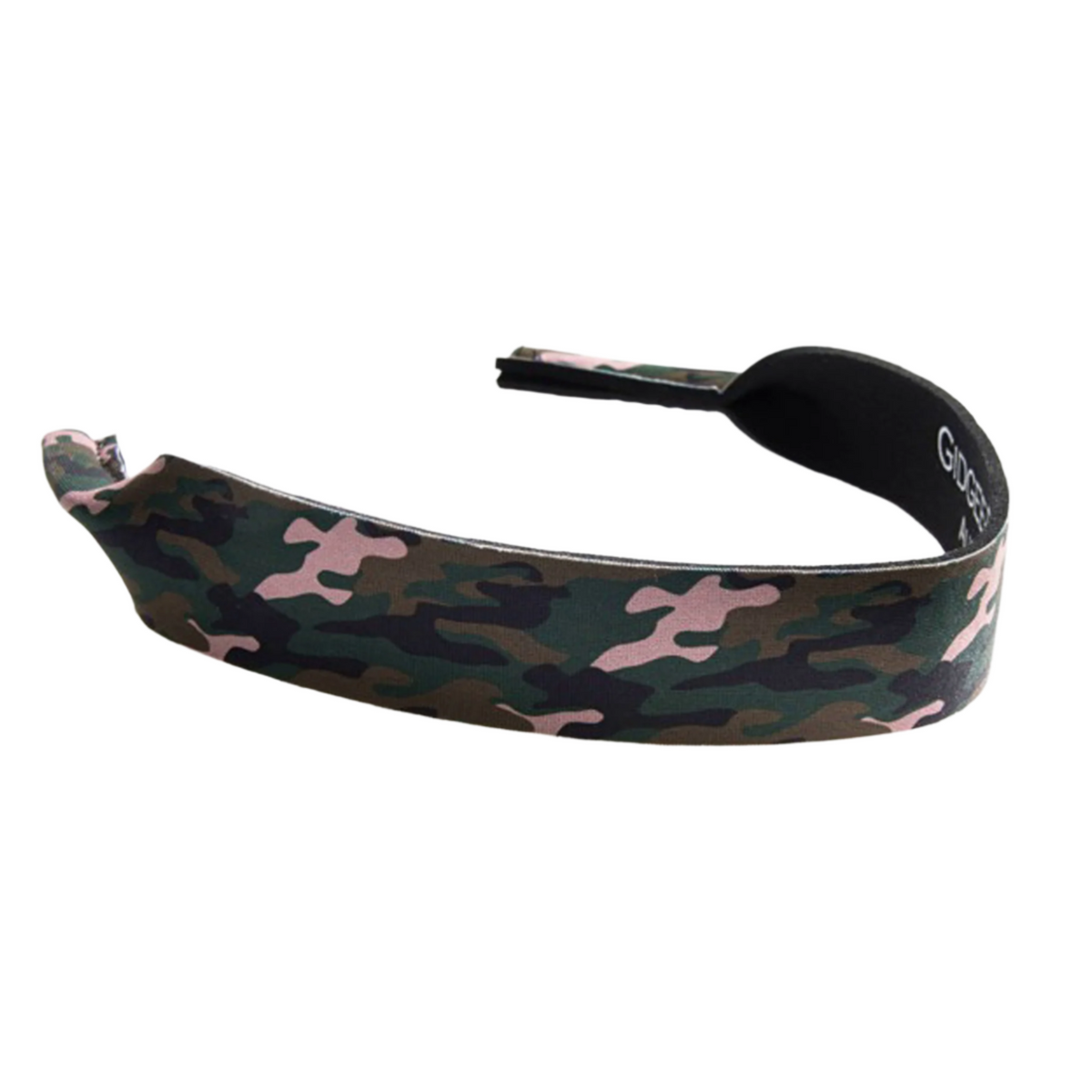 Gidgee Eyes Camo Print Sunglasses Strap. Camouflage-patterned headband with pink flowers on a white background