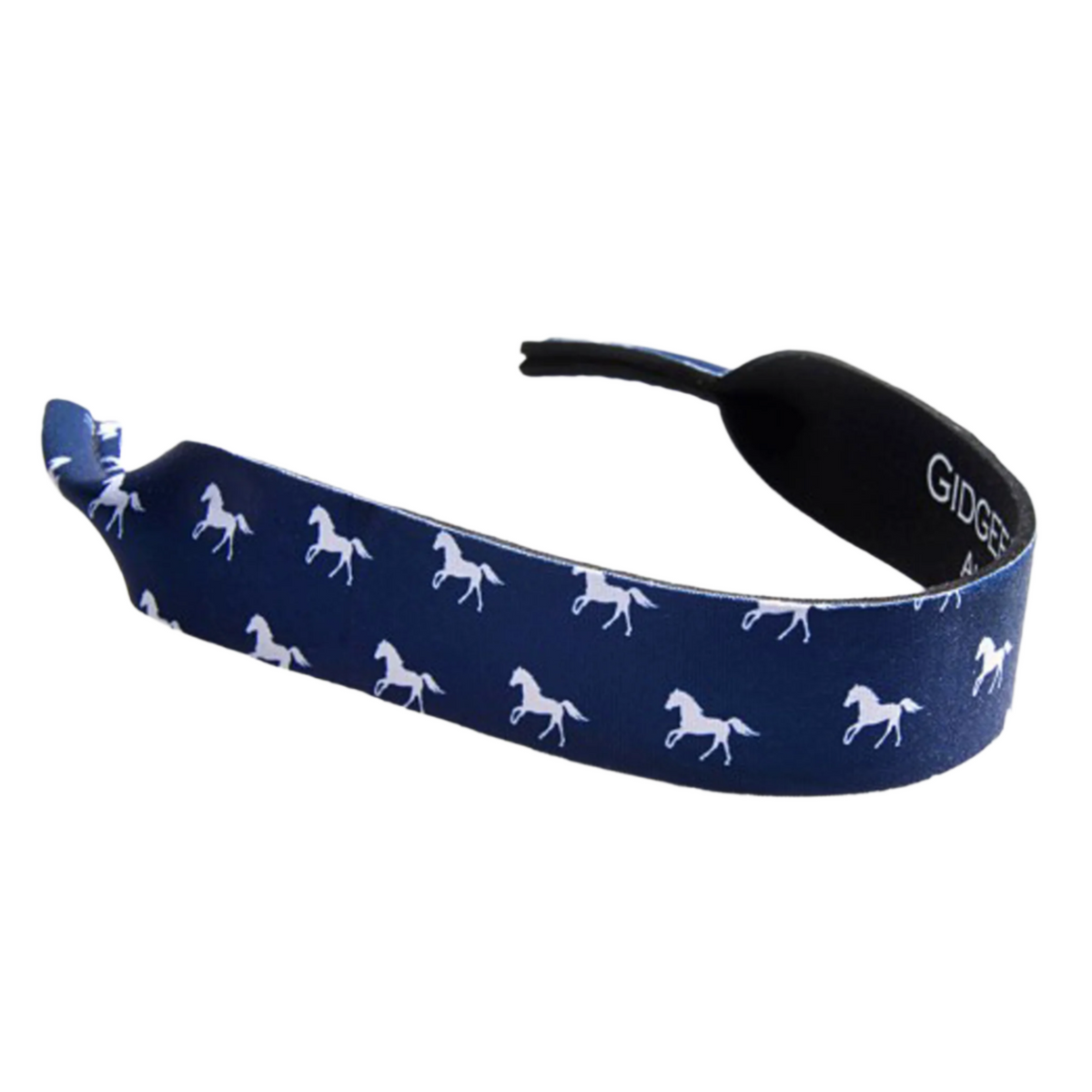 Gidgee Eyes Blue Pony Print Sunglasses Strap. Navy galsses strap with white horse pattern and &#39;Gidgee&#39; branding on a white background