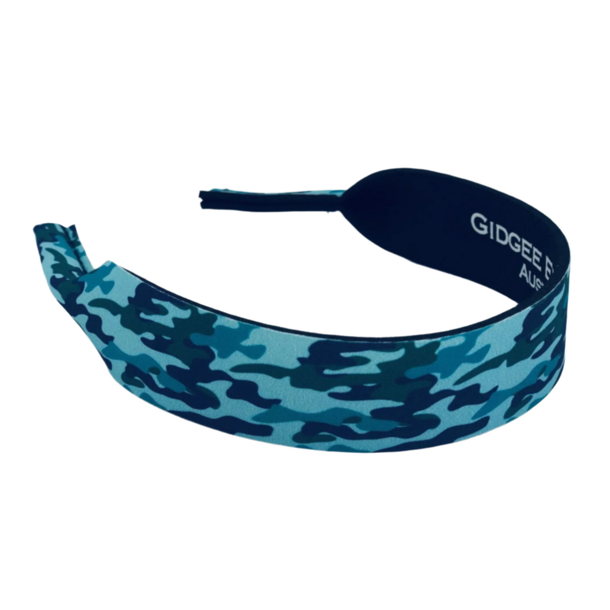 Gidgee Eyes Blue Camo Print Sunglasses Strap. Blue camouflage headband with &#39;GIDGEE&#39; branding on a white background