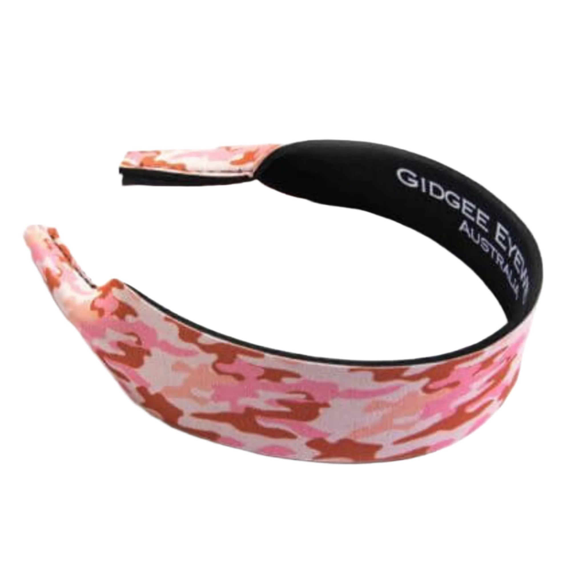 Gidgee Eyes Rose Sunglasses Strap. Pink camouflage headband with black strap featuring 'Gidgee Eyes Australia' branding on a white background.