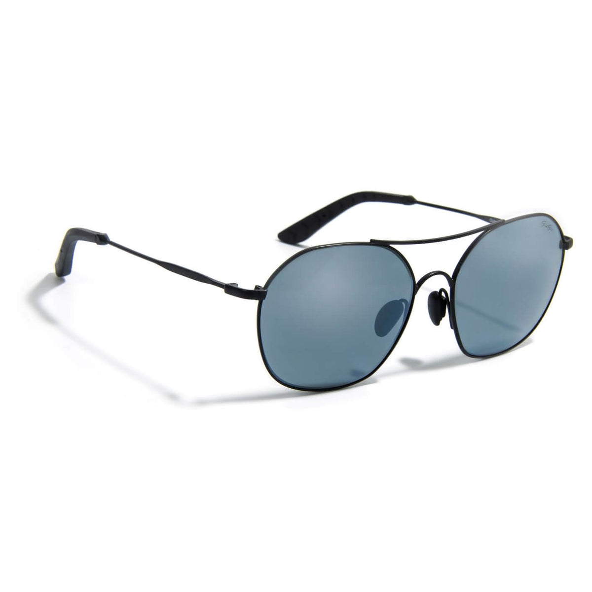Gidgee Eyes Cadence Ebony Sunglasses. A pair of black Gidgee Cadence Ebony sunglasses with a reflective lens, showcasing a side profile against a white background.