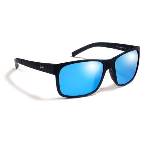 Gidgee Eyes Mustang Blue Eye Sunglasses. A pair of Gidgee Eyes Mustang Blue Eye Sunglasses with a matte black frame and blue mirrored lenses.