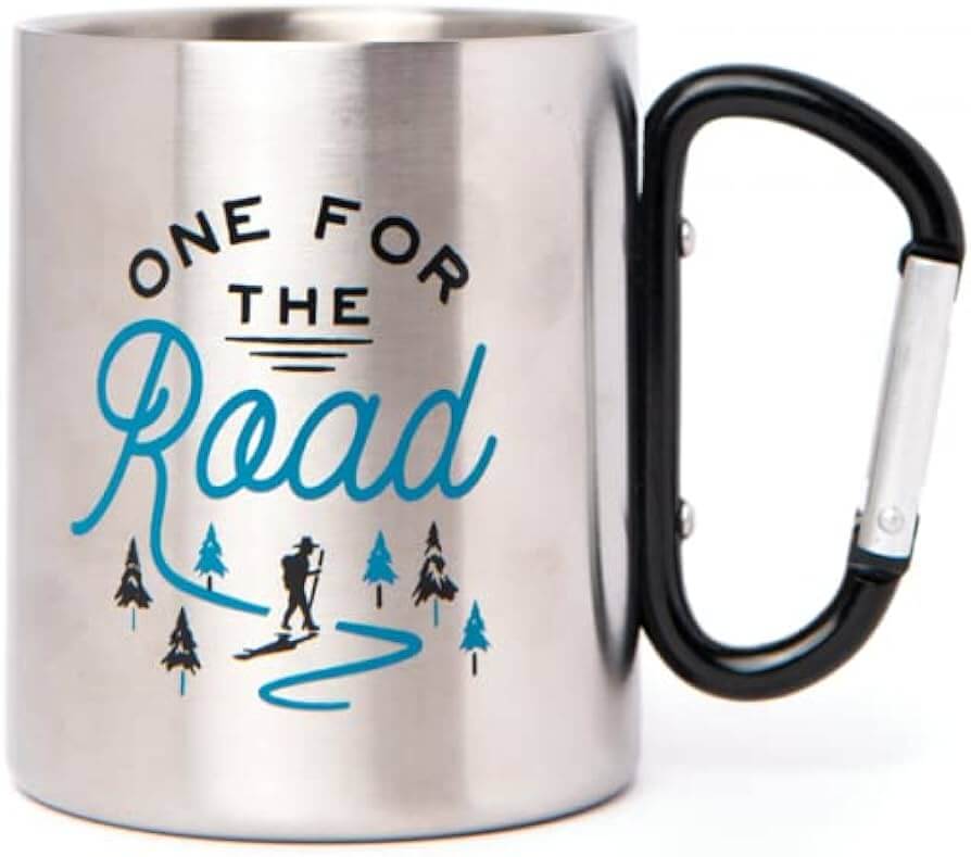 One for the Road Carabiner Mug. A stainless steel mug with a carabiner attached to it, featuring the phrase 'One for the Road' printed on the side, set against a white background.