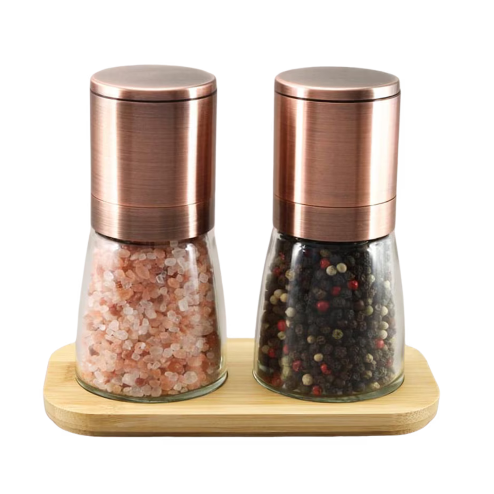 Copper-mounted salt and pepper shakers on a wooden stand with a white background
