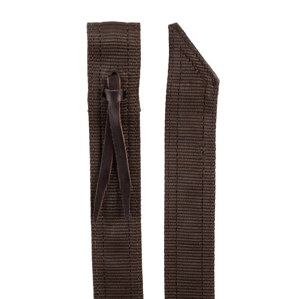 A close-up of a dark brown textured web belt shown in two vertical sections against a plain white background.