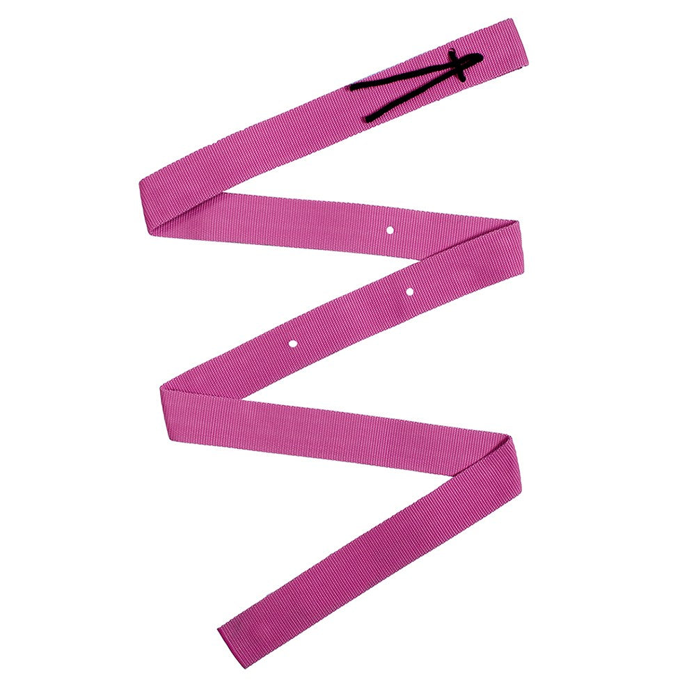 A bright pink woven strap or belt with a black crossed-line logo near the top, laid out in a zigzag pattern on a plain white background.
