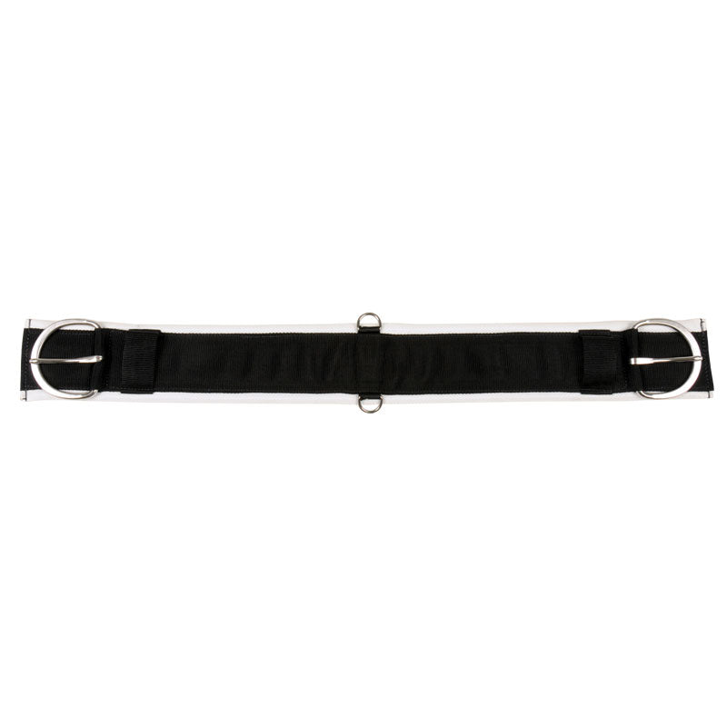 Firehose Girth. Black belt with silver buckles on a white background