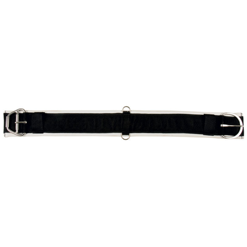 Firehose Supa-Cinch Girth. Black belt with silver buckles on a white background