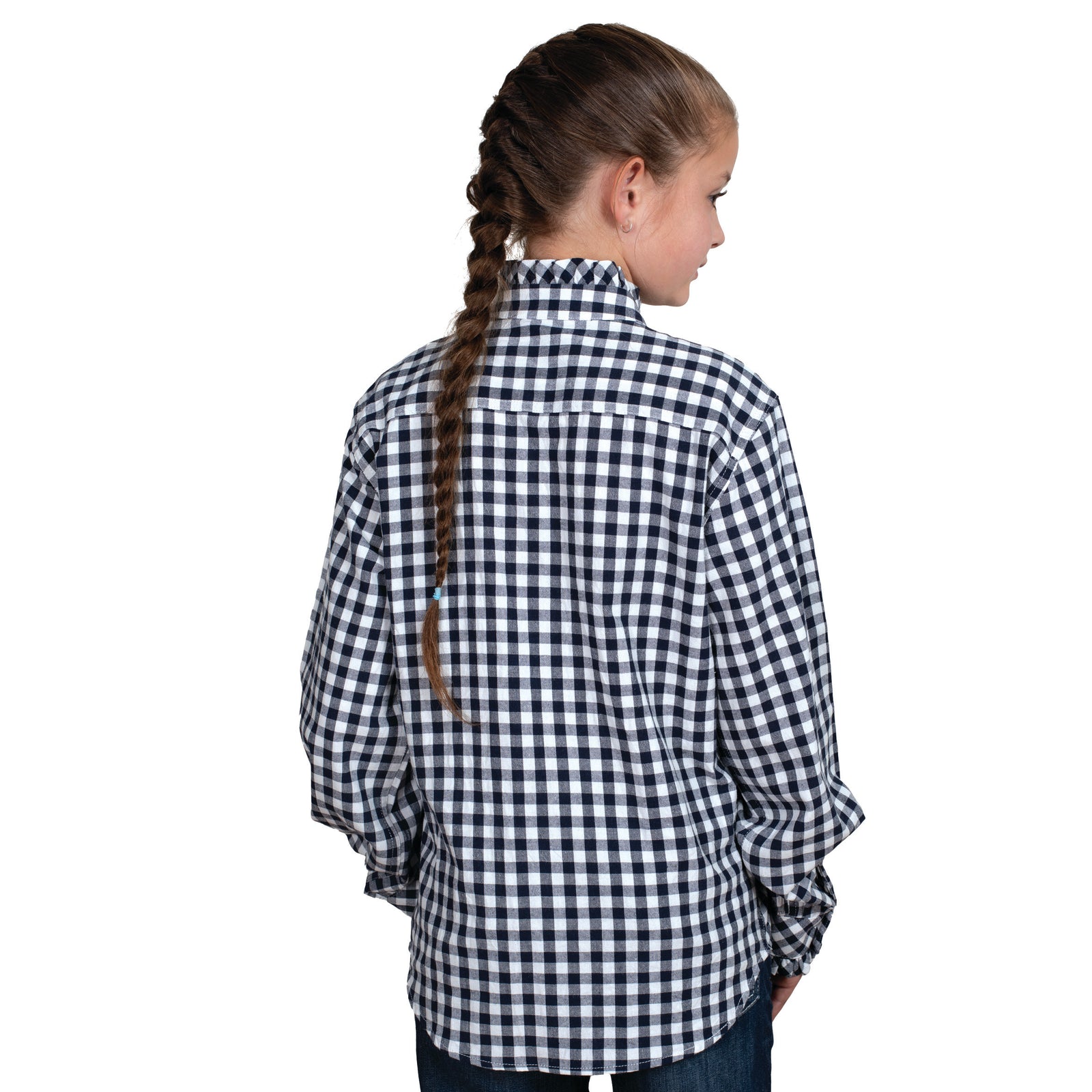 Just Country Girl's Gracie Frills Workshirt. A girl wearing a long-sleeved checkered workshirt in white and blue colors.