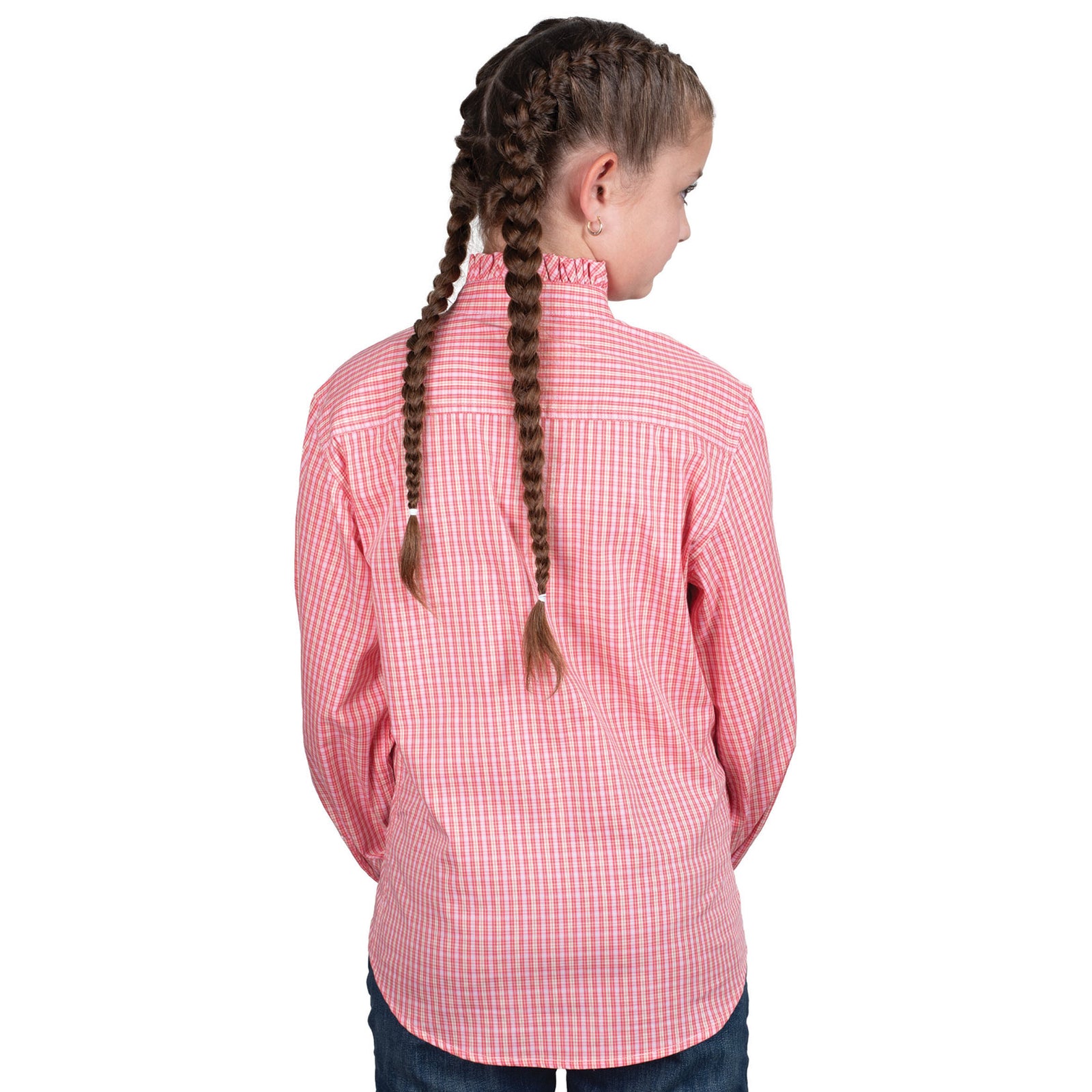 Just Country Girl's Gracie L/S Shirt. Young girl wearing a red checkered shirt on a white background
