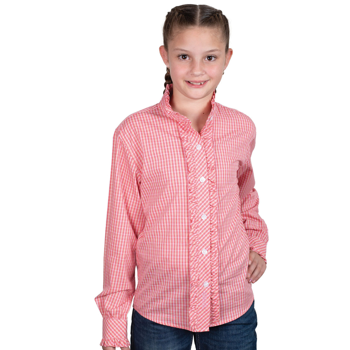 Just Country Girl&#39;s Gracie L/S Shirt. Young girl wearing a red checkered shirt on a white background