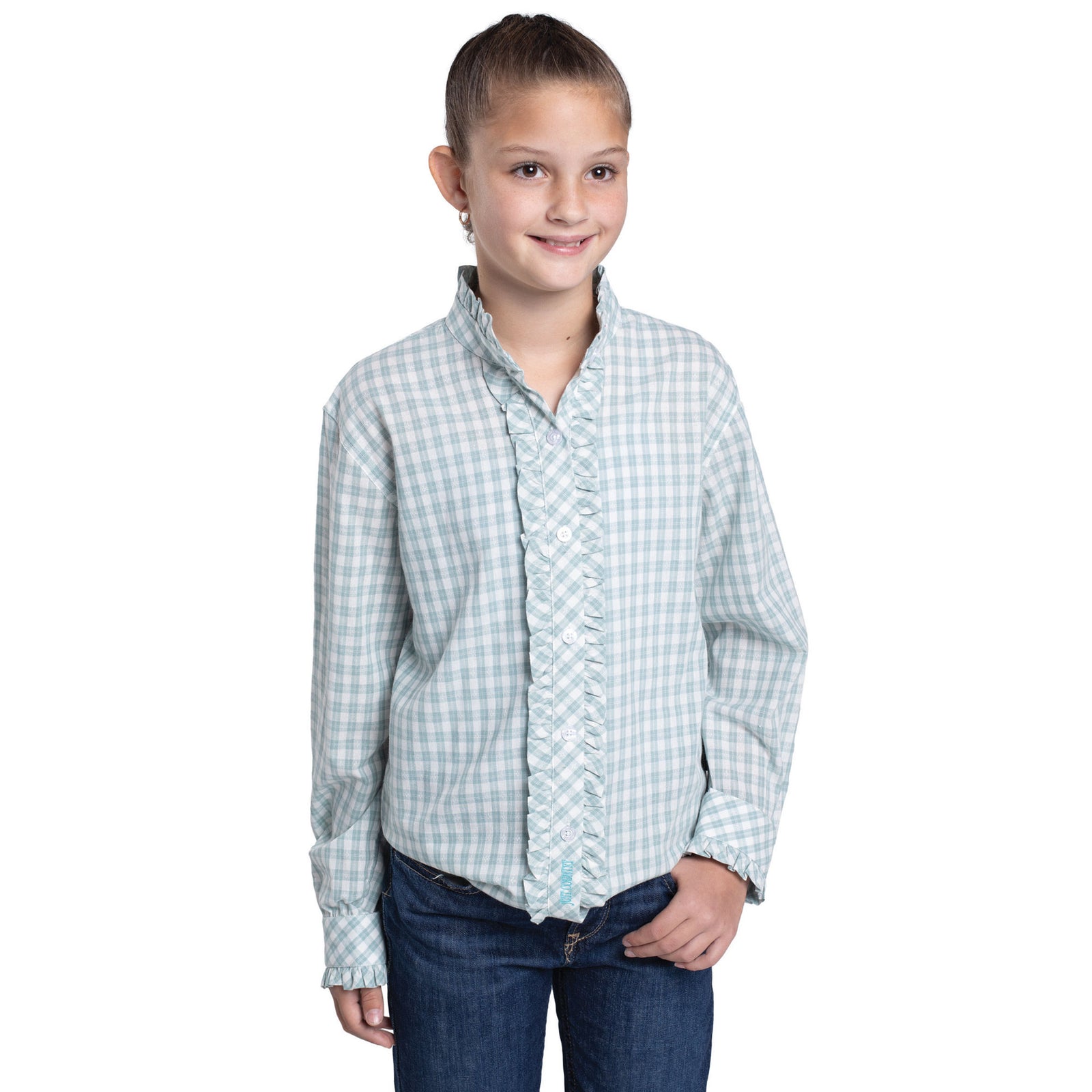 Young girl wearing a light blue checkered shirt and dark jeans on a white background