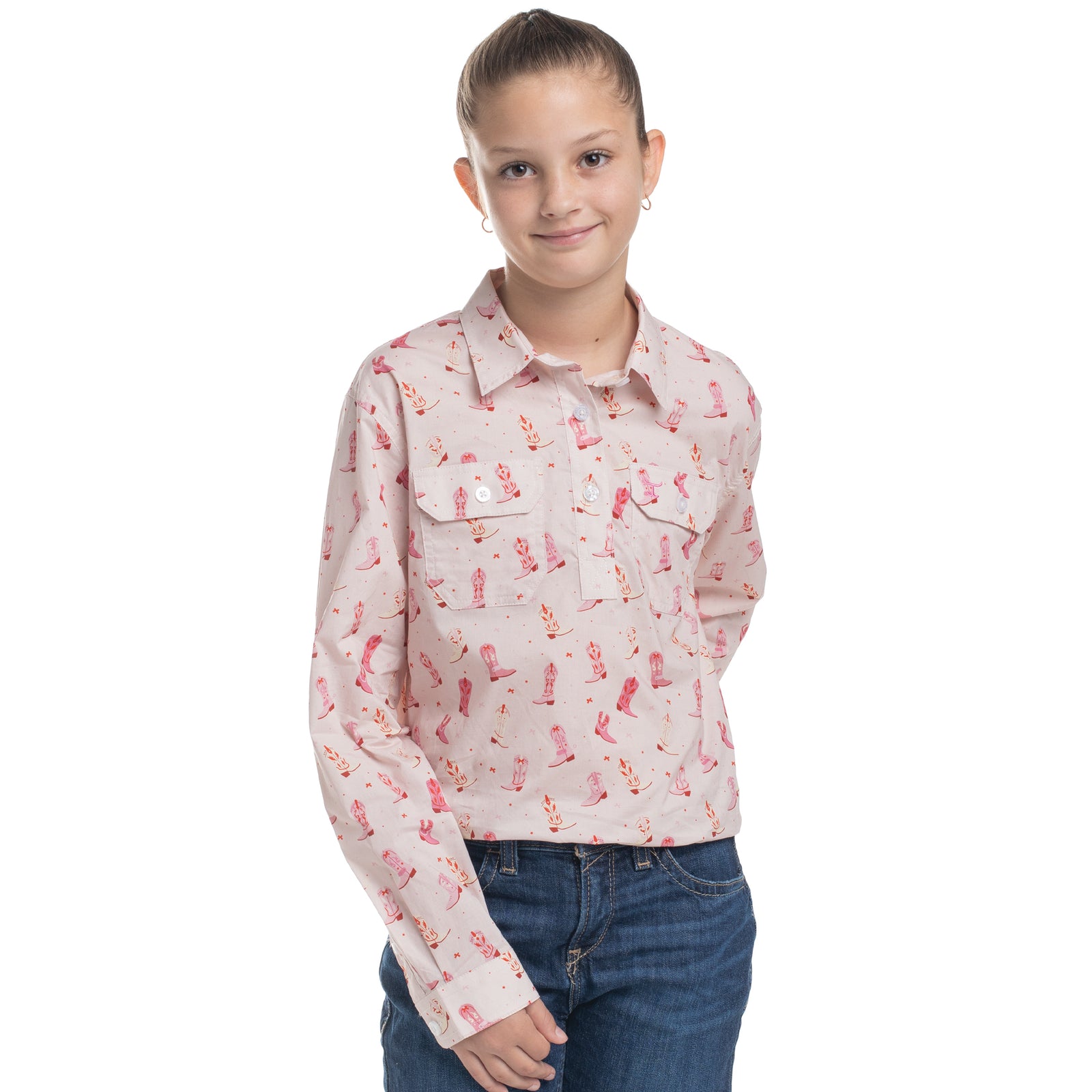Girl wearing a patterned shirt and jeans on a white background