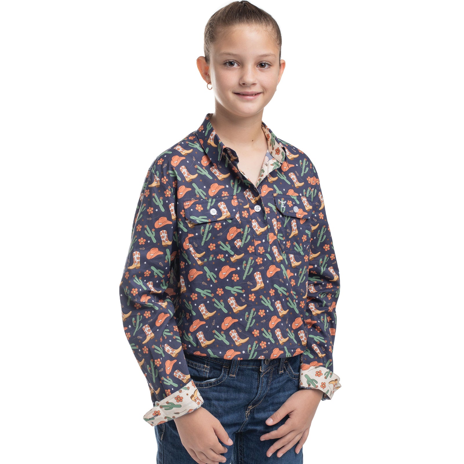 Child wearing a colorful patterned shirt on a white background