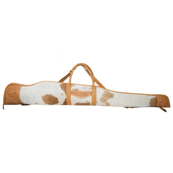 Cowhide-patterned gun case with leather straps on a white background