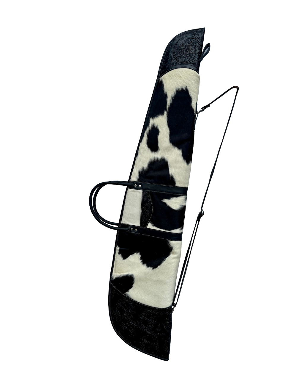 Tooling Leather Cowhide Extra Large Rifle Case. Cow print bow case with a black handle on a white background