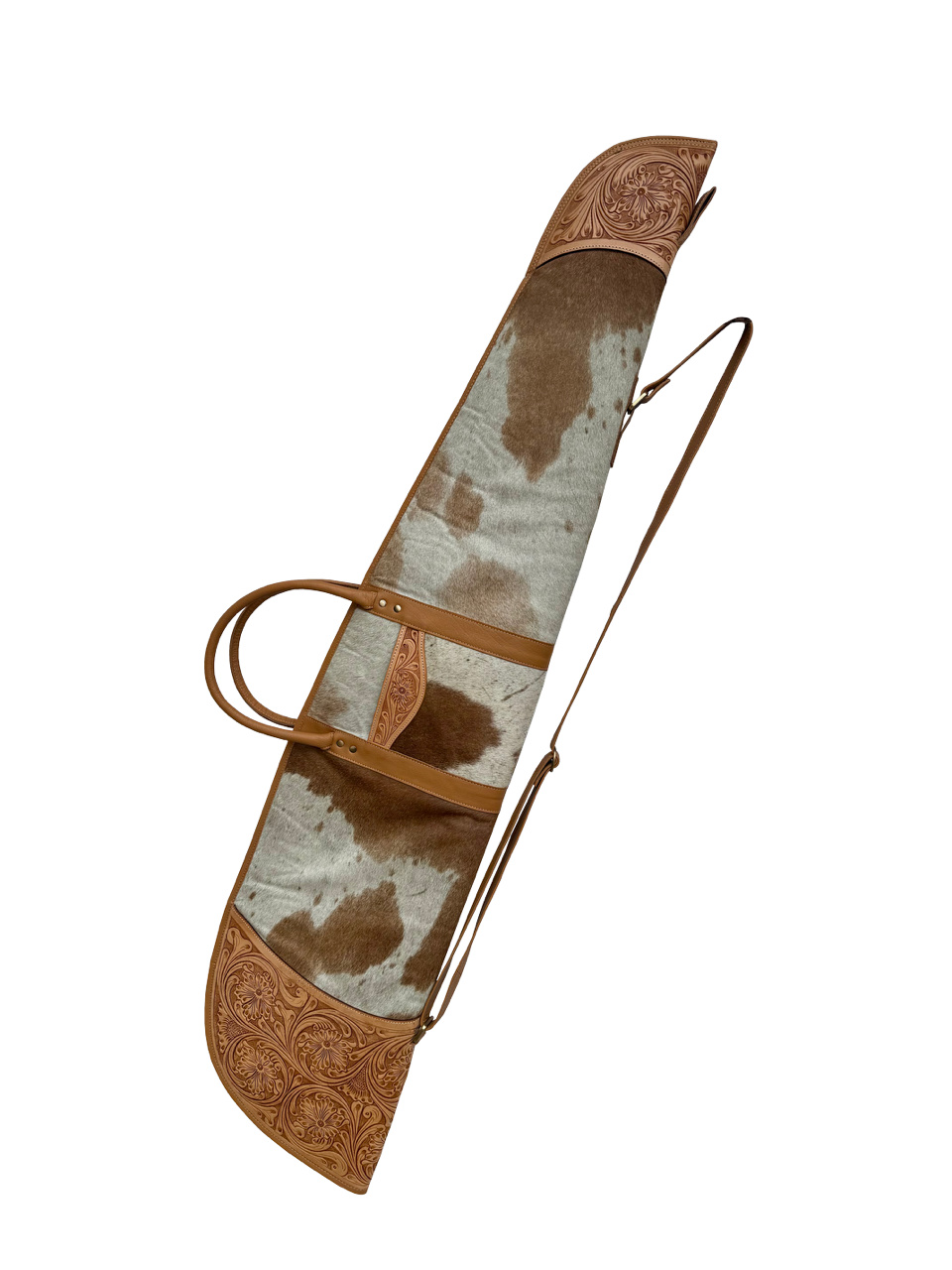Tooling Leather Cowhide Extra Large Rifle Case. Cowhide leather boot bag with decorative patterns on a white background