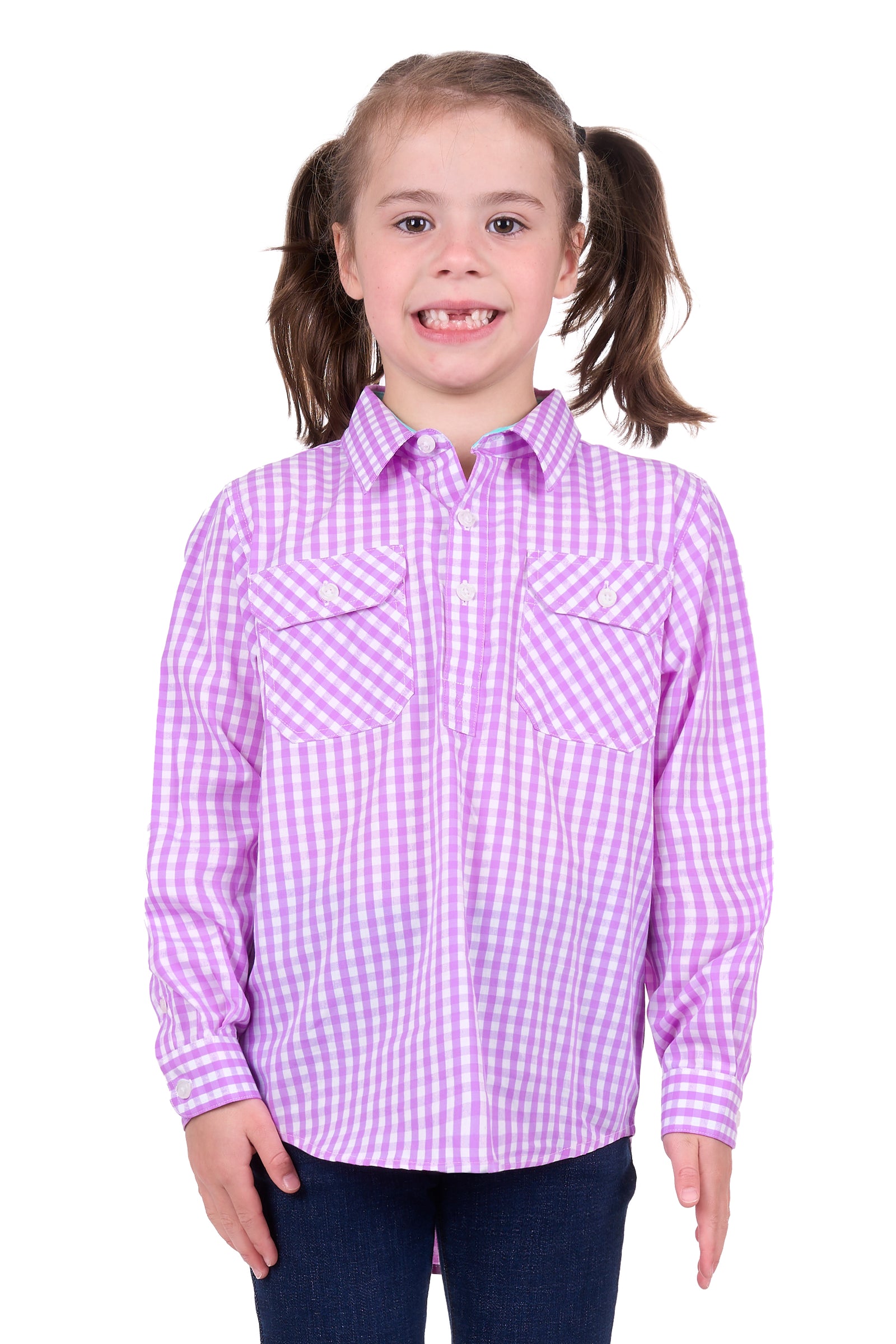 Hard Slog Girl's Ayla 1/2 Placket L/S Shirt. A girl wearing a long sleeve purple checkered shirt with a collar and front chest pocket.