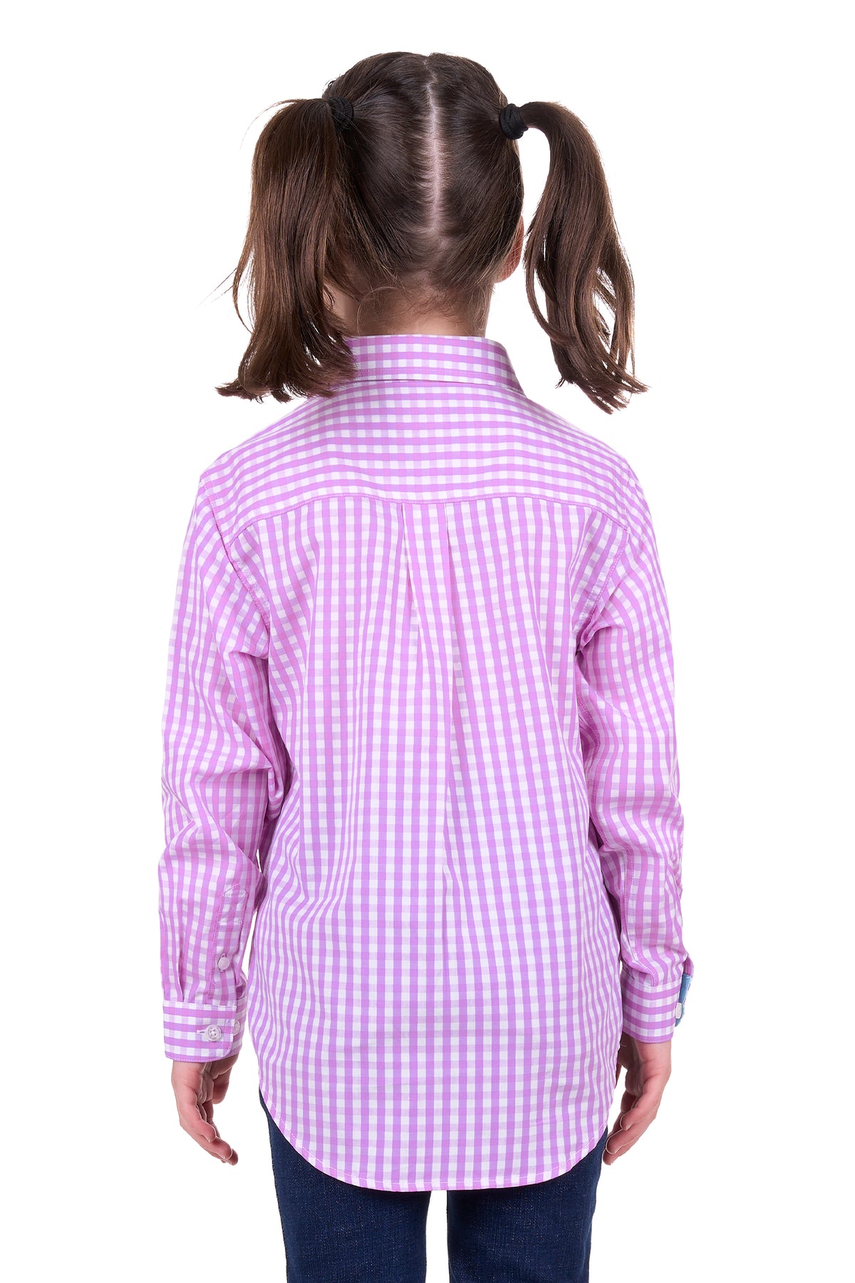 Hard Slog Girl's Ayla 1/2 Placket L/S Shirt. A girl wearing a long sleeve purple checkered shirt with a collar and front chest pocket.