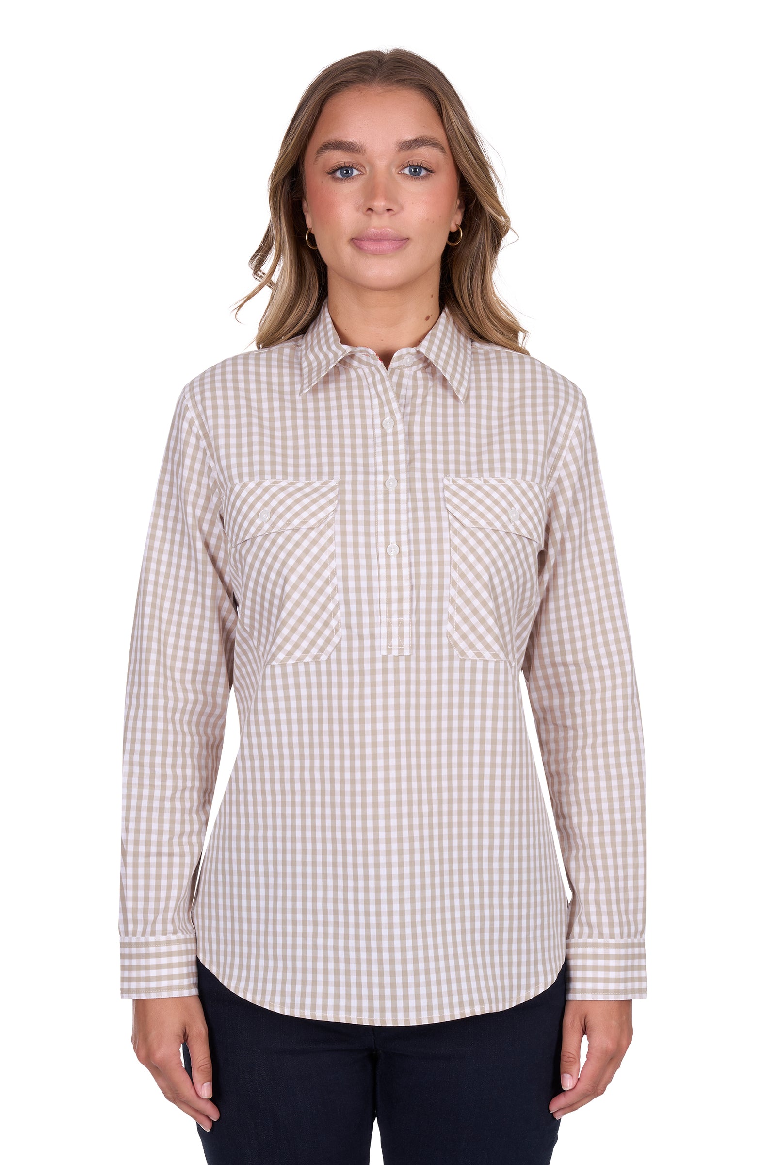 Hard Slog Women's Sara 1/2 Placket L/S Shirt. Woman wearing a checkered shirt with floral cuffs on a white background