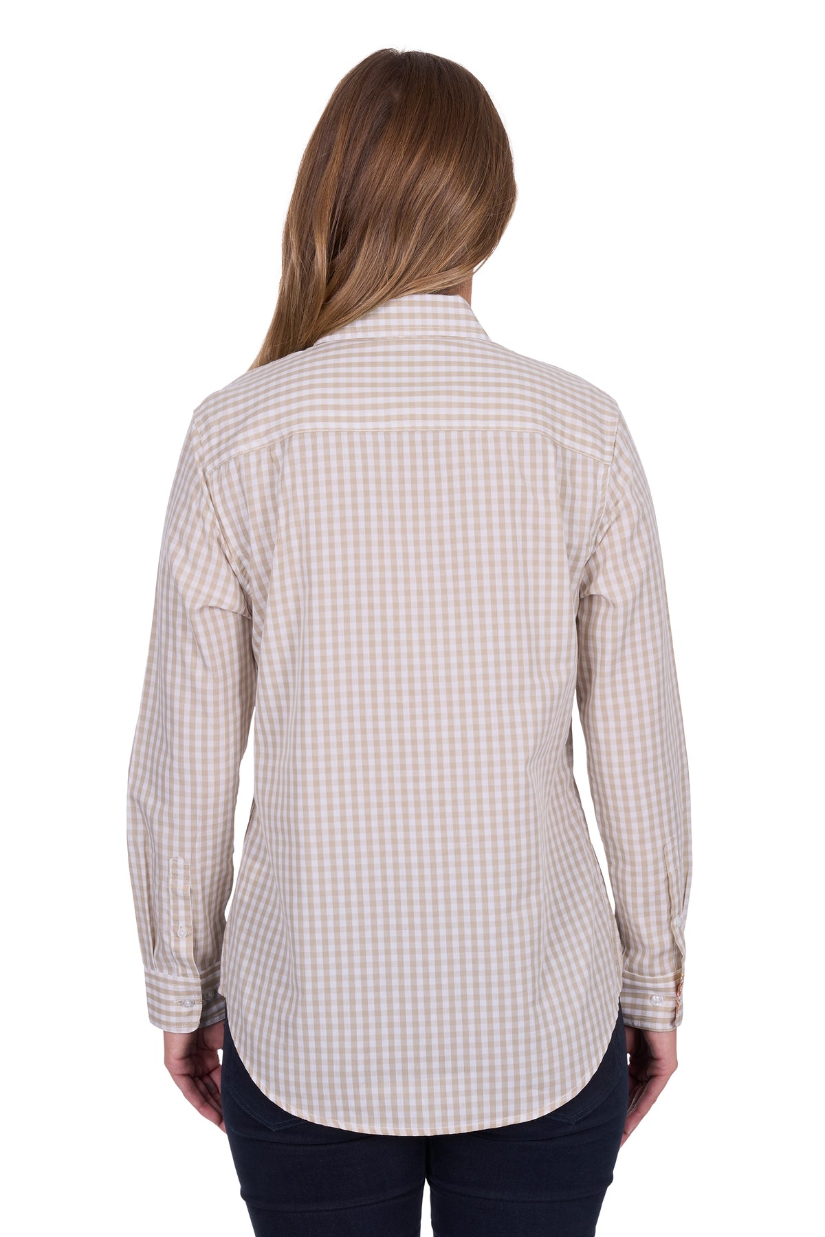 Hard Slog Women's Sara 1/2 Placket L/S Shirt. Woman wearing a checkered shirt on a white background