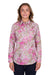 Hard Slog Women's Etta 1/2 Placket L/S Shirt. Woman wearing a pink floral blouse on a white background