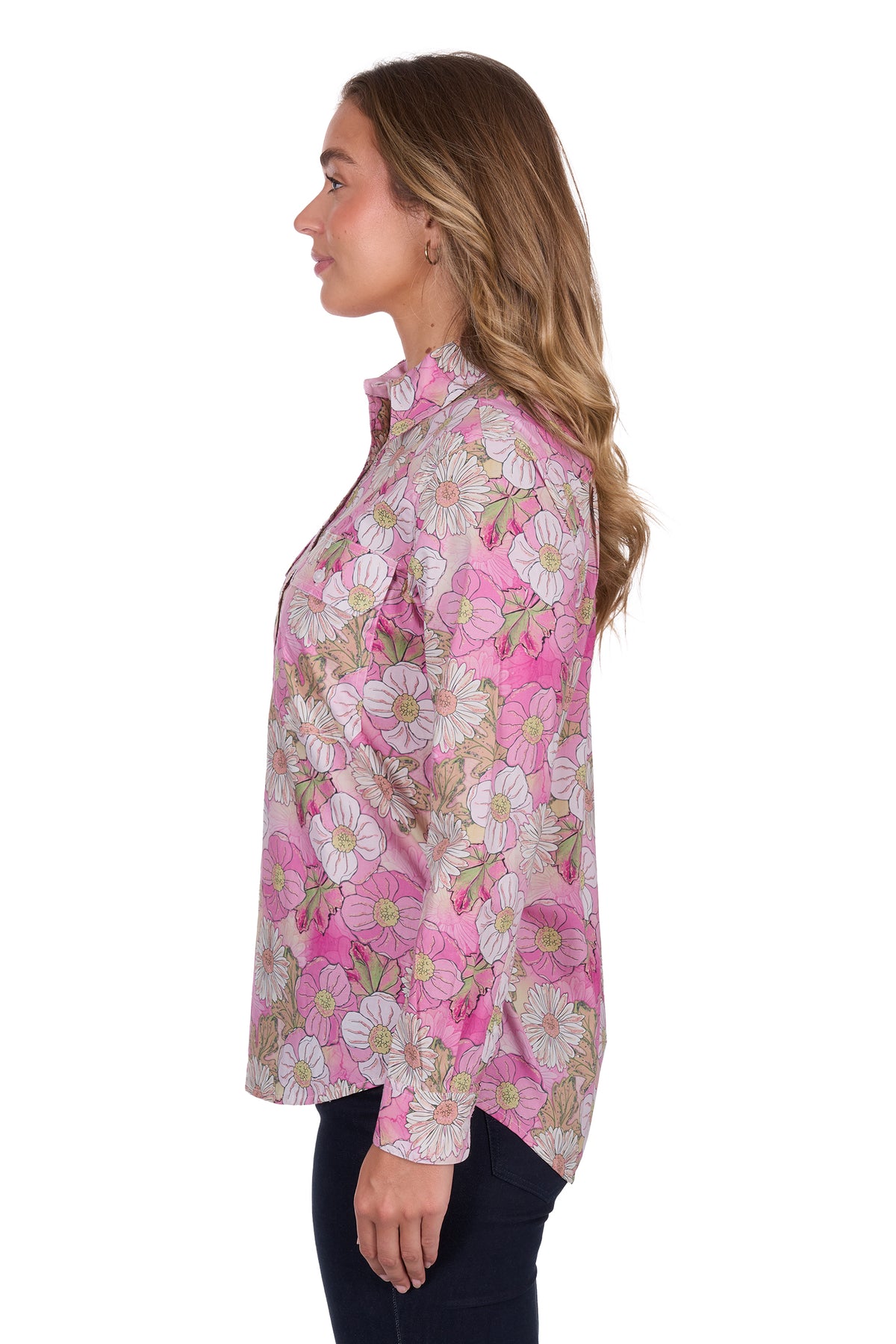 Hard Slog Women's Etta 1/2 Placket L/S Shirt. Woman wearing a pink floral blouse on a white background