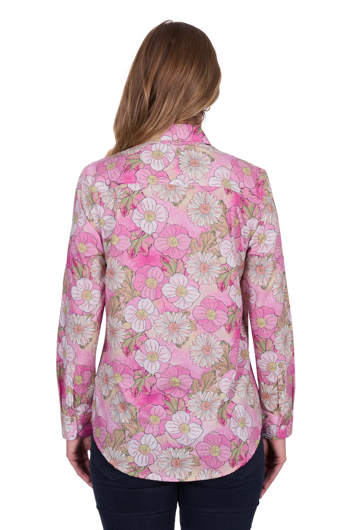 Hard Slog Women's Etta 1/2 Placket L/S Shirt. Woman wearing a pink floral blouse on a white background