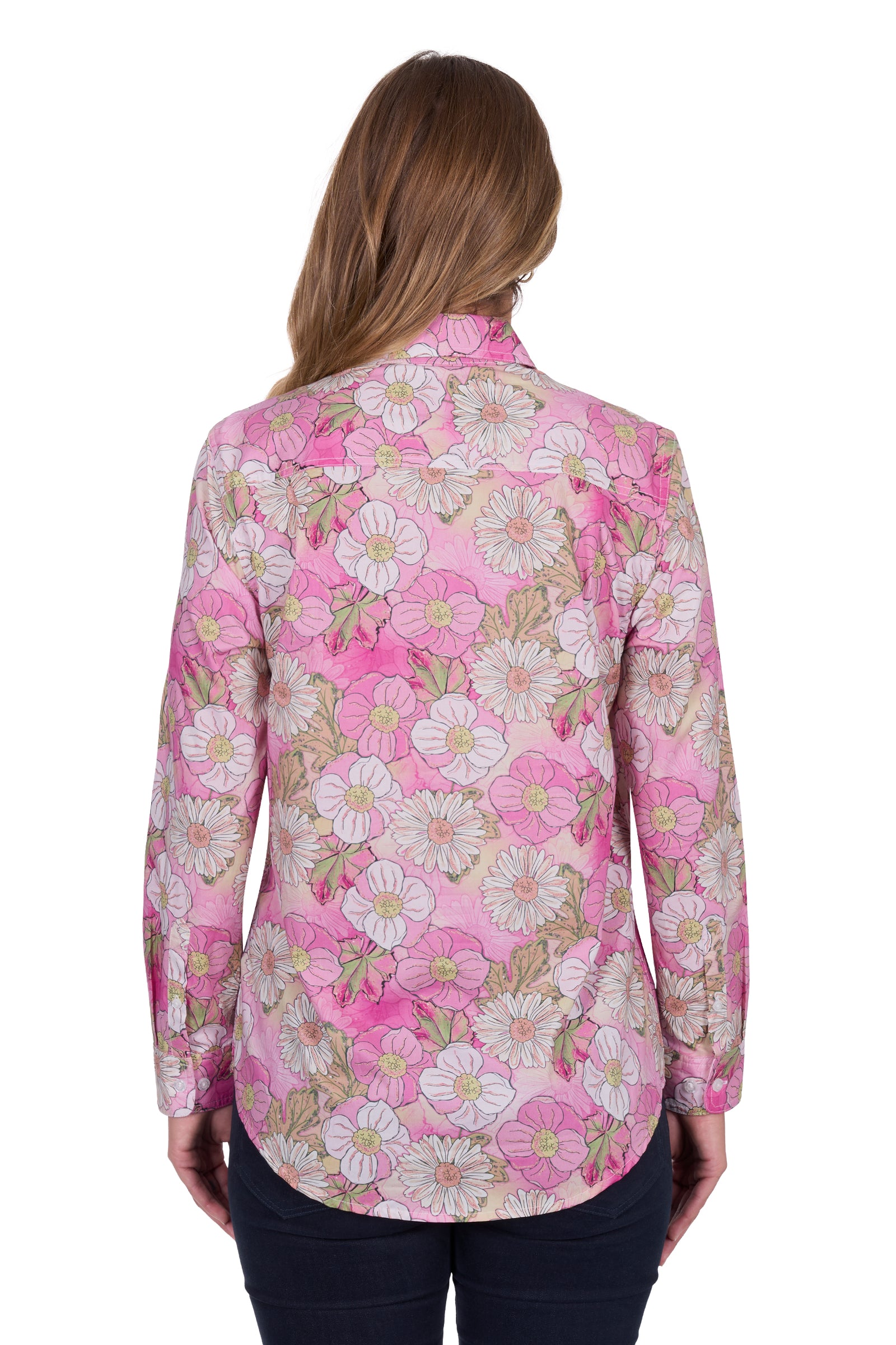 Hard Slog Women's Etta 1/2 Placket L/S Shirt. Woman wearing a pink floral blouse on a white background