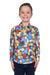 Hard Slog Girl's Delia 1/2 Placket L/S Shirt. Girl wearing a colorful floral shirt on a white background