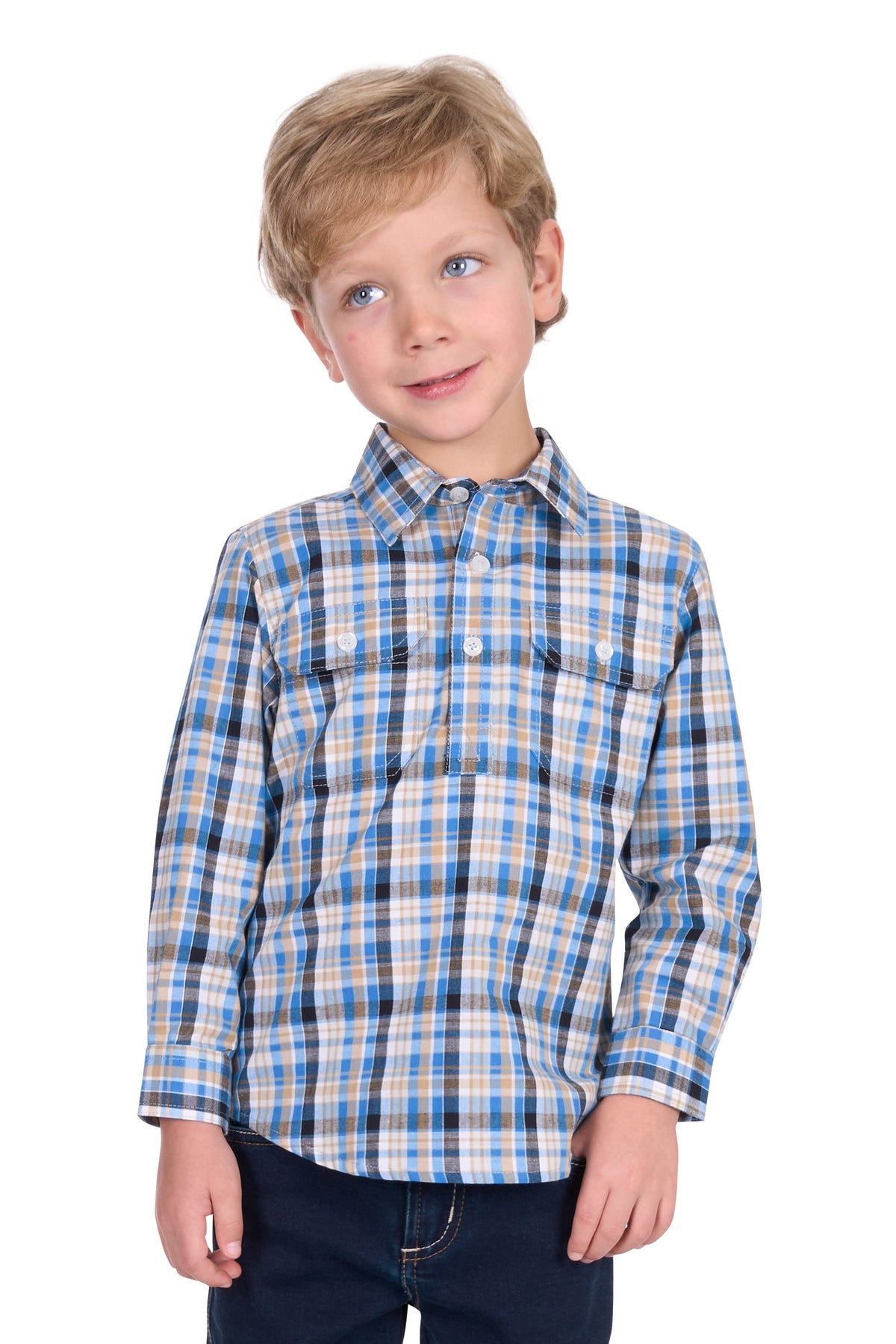 Hard Slog Boy's Gibson 1/2 Placket L/S Shirt. Child wearing a blue and white checkered shirt on a white background