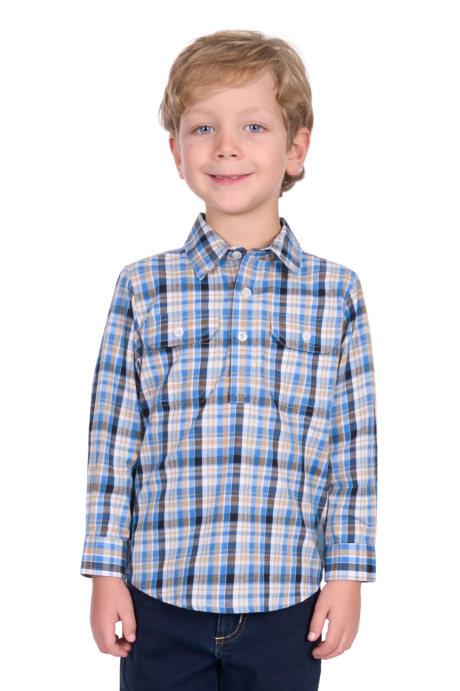Hard Slog Boy's Gibson 1/2 Placket L/S Shirt. Child wearing a blue and white plaid shirt on a white background