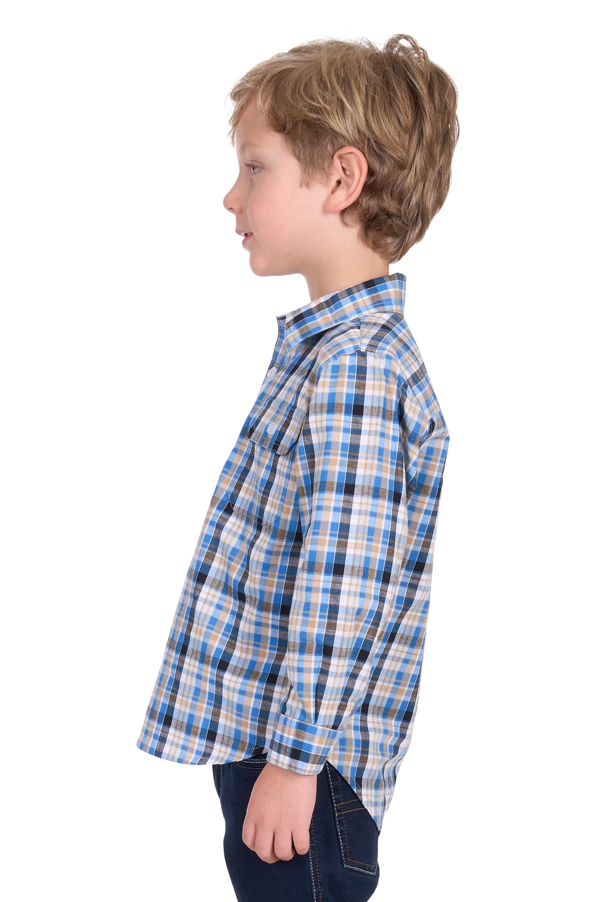 Hard Slog Boy's Gibson 1/2 Placket L/S Shirt. Child wearing a blue plaid shirt on a white background