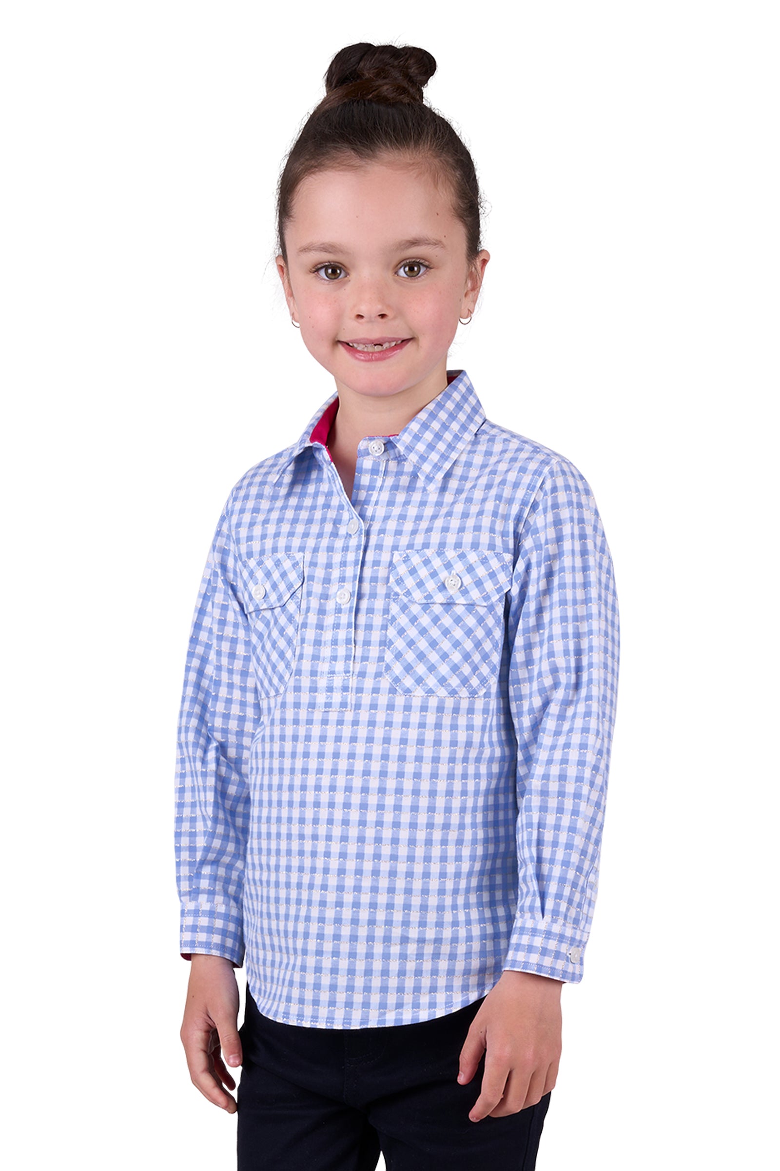 Hard Slog Girl's Rux 1/2 Placket L/S Shirt. A girl wearing a long sleeve blue and white checkered shirt with a half placket and pockets.