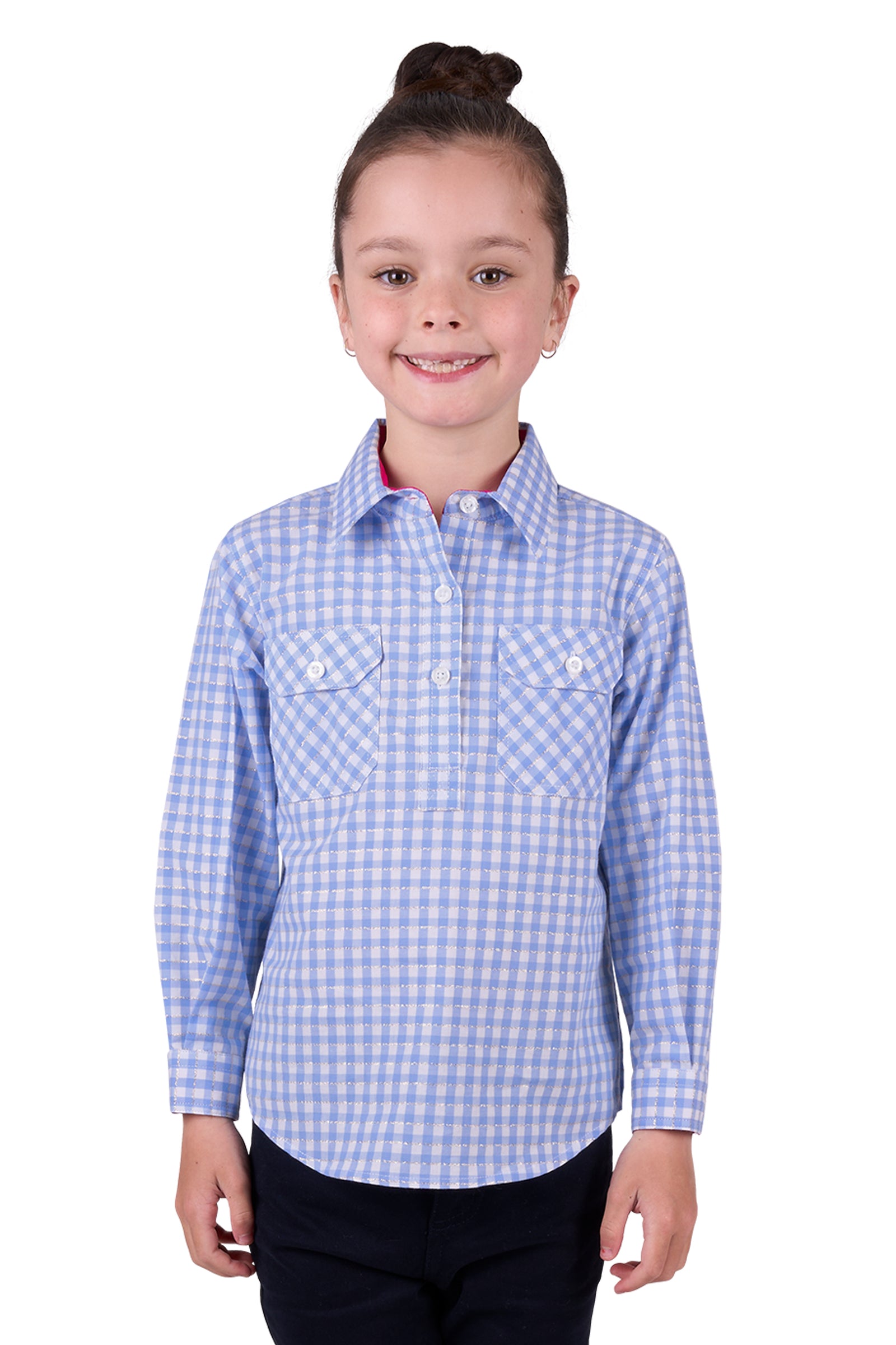 Hard Slog Girl's Rux 1/2 Placket L/S Shirt. A girl wearing a long sleeve blue and white checkered shirt with a half placket and pockets.