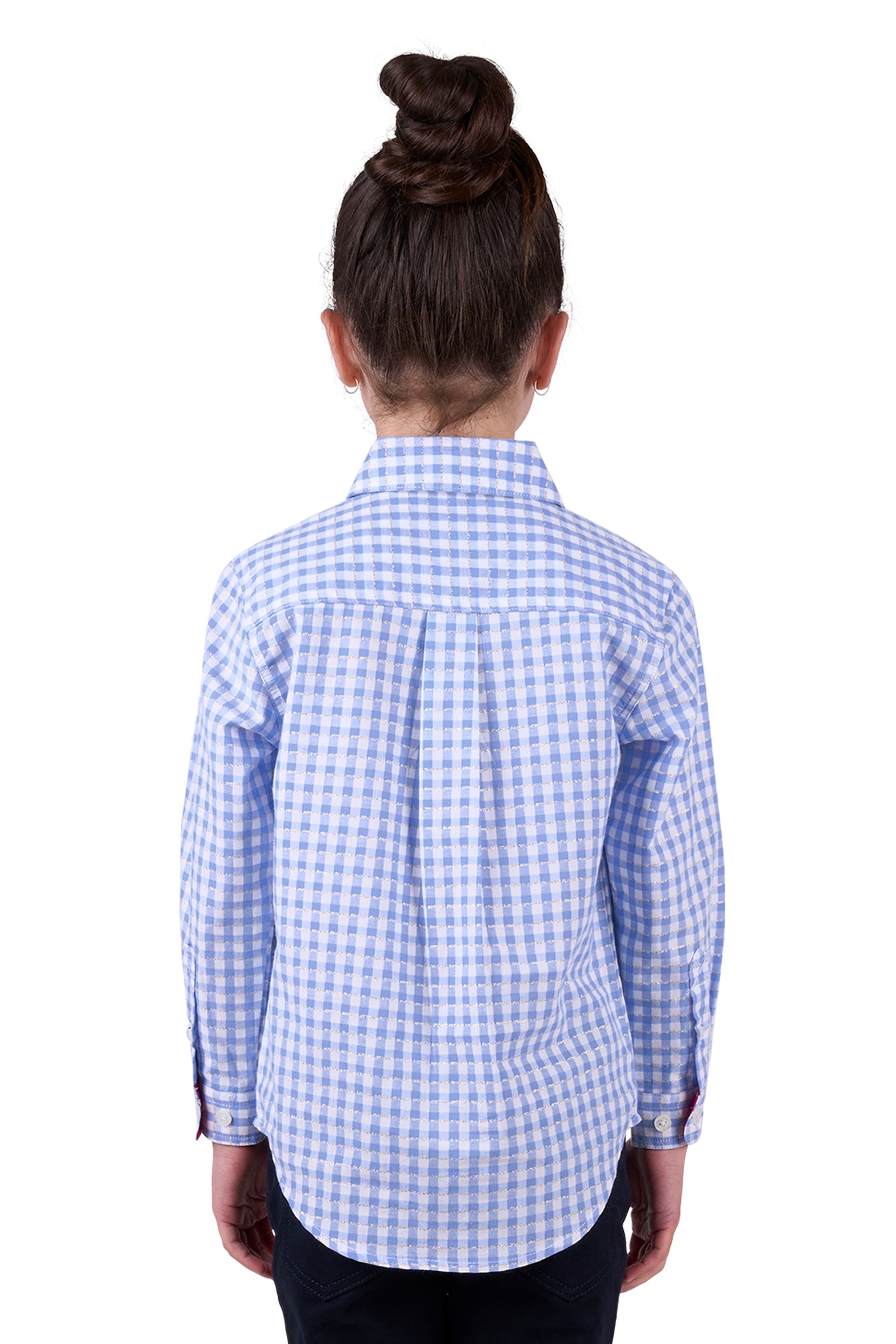 Hard Slog Girl's Rux 1/2 Placket L/S Shirt. A girl wearing a long sleeve blue and white checkered shirt with a half placket and pockets.