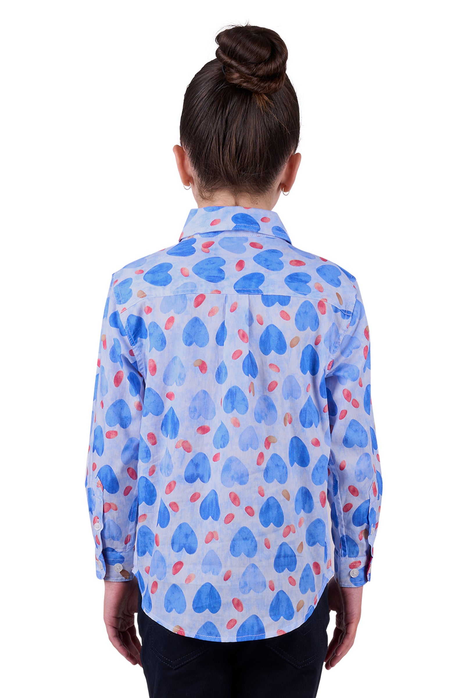 Hard Slog Girl's Miv 1/2 Placket L/S Shirt. A girl wearing a long sleeve shirt with a geometric heart pattern, predominantly blue with red and white accents, and a half placket collar.