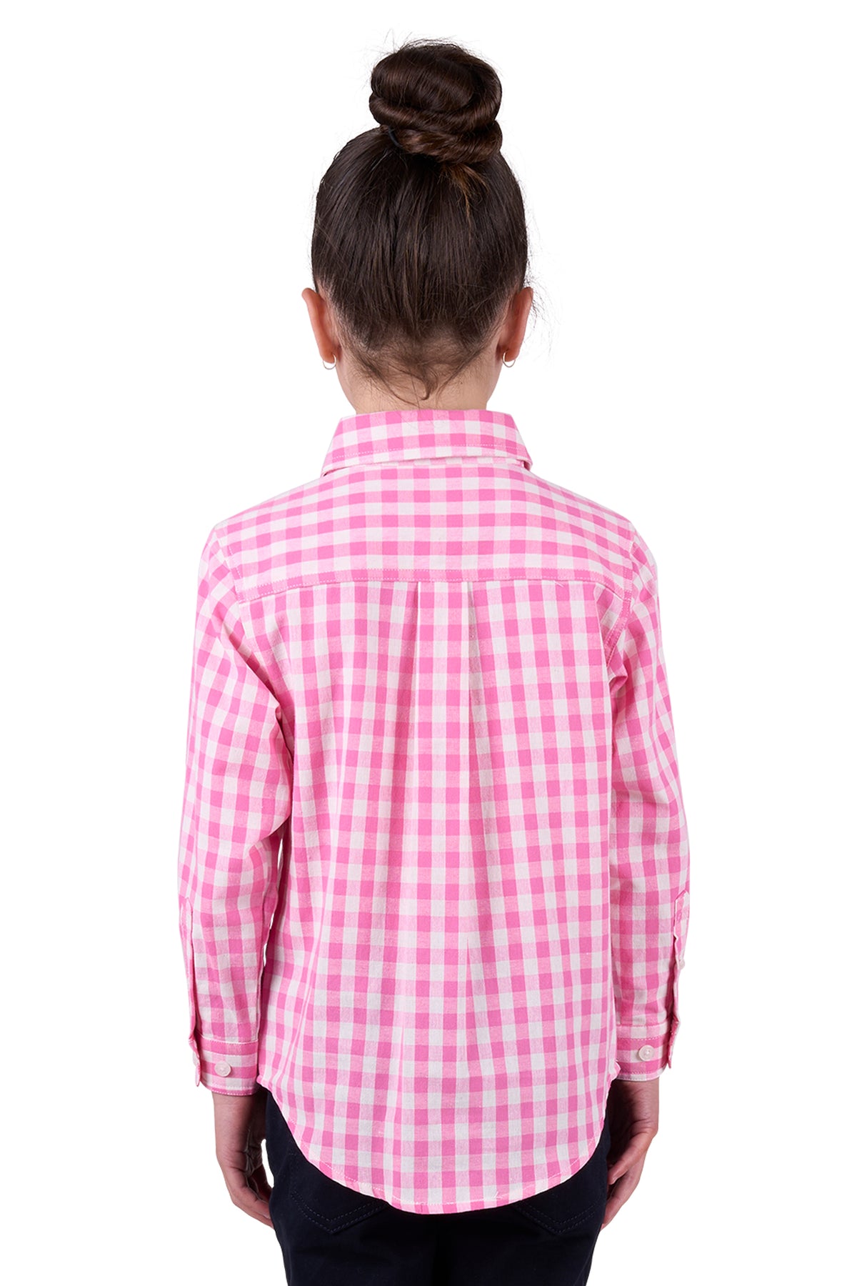 Hard Slog Girl's Melly 1/2 Placket L/S Shirt. A girl wearing a long sleeve pink checkered shirt with a half placket and two front pockets.