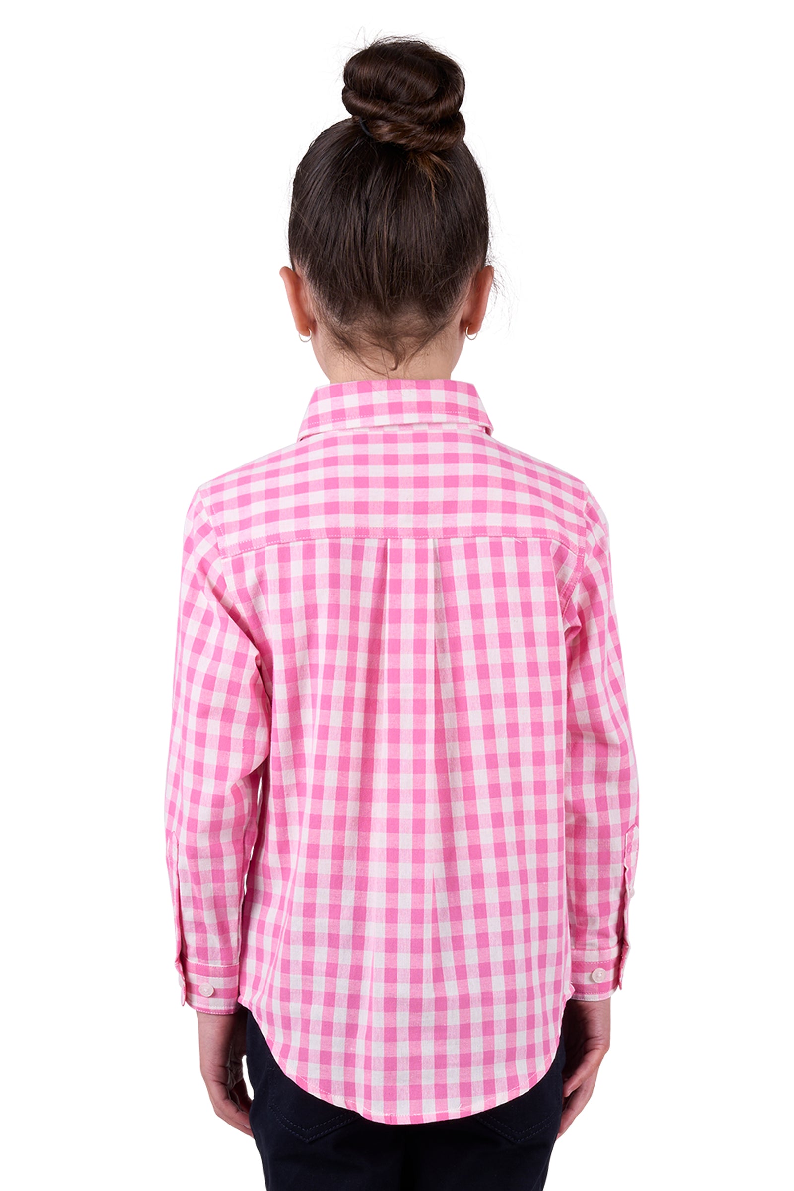 Hard Slog Girl's Melly 1/2 Placket L/S Shirt. A girl wearing a long sleeve pink checkered shirt with a half placket and two front pockets.